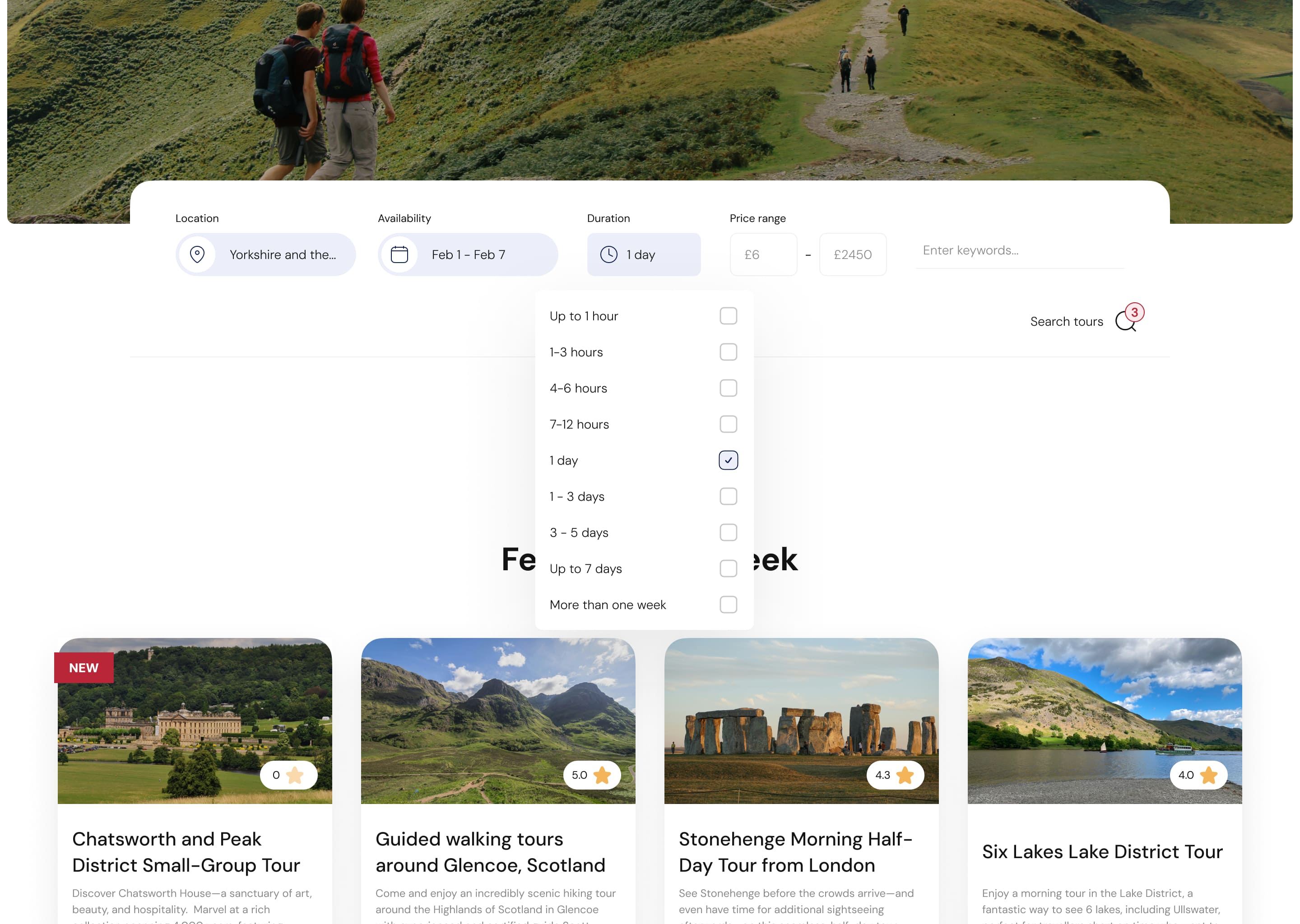 A webpage displaying hiking tours with a mountainous landscape banner. Dropdown menu for tour duration highlighted; options include up to one week. Featured tours below.